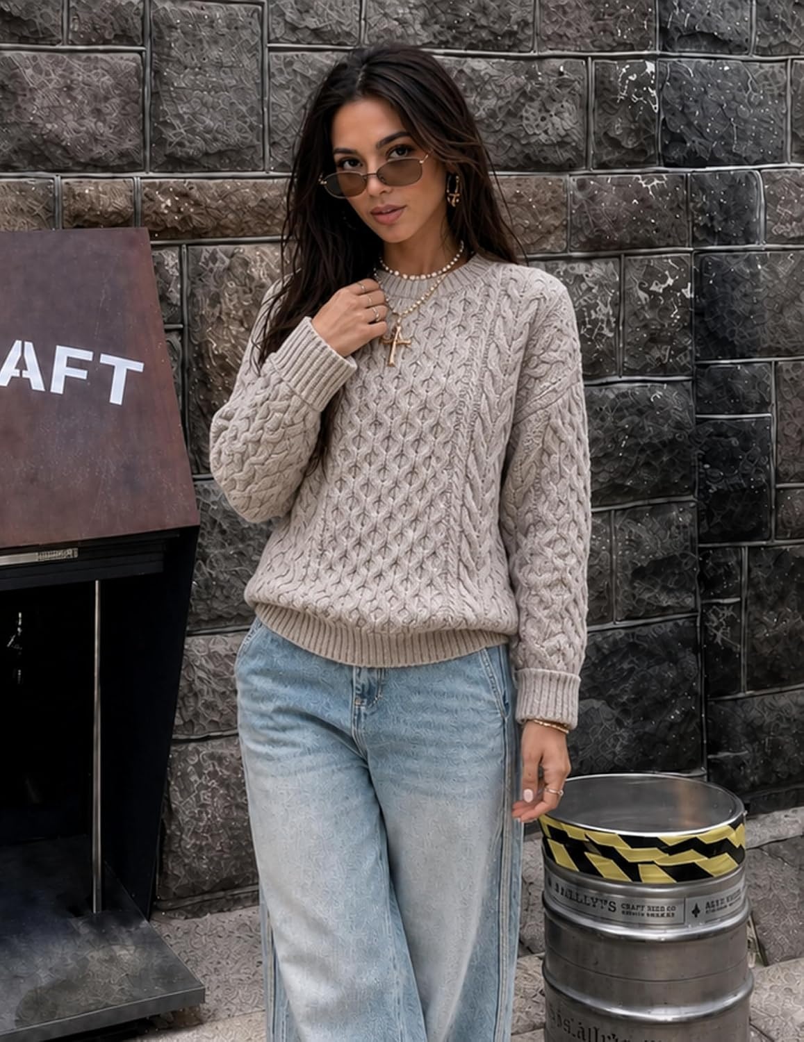 image:imageAelfric Eden Sweaters for Women Oversized Chunky Cable Knit Crew Neck  Unisex Long Sleeve Loose Fit Soft Comfy Fall Winter Pullover Classic Vintage Basic Solid Casual Trendy TopsLight Khaki
