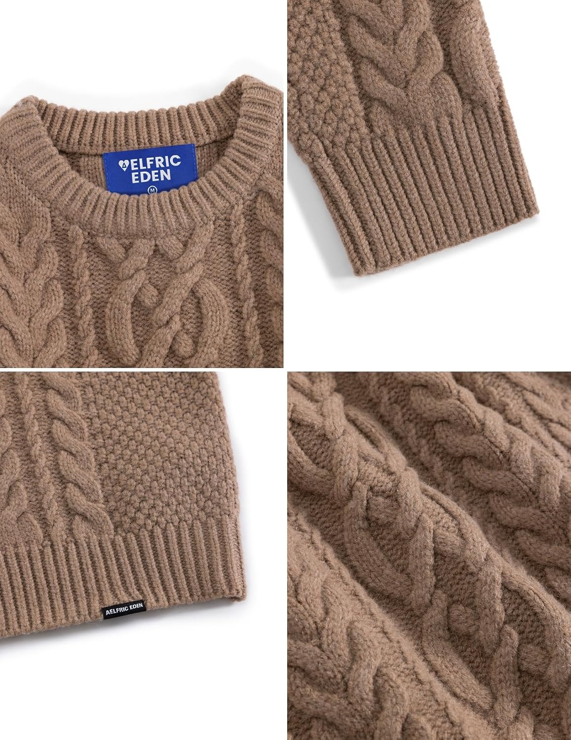 image:imageAelfric Eden Sweaters for Women Oversized Chunky Cable Knit Crew Neck Solid Pullover Sweater Trendy Vintage Fall TopsBrown
