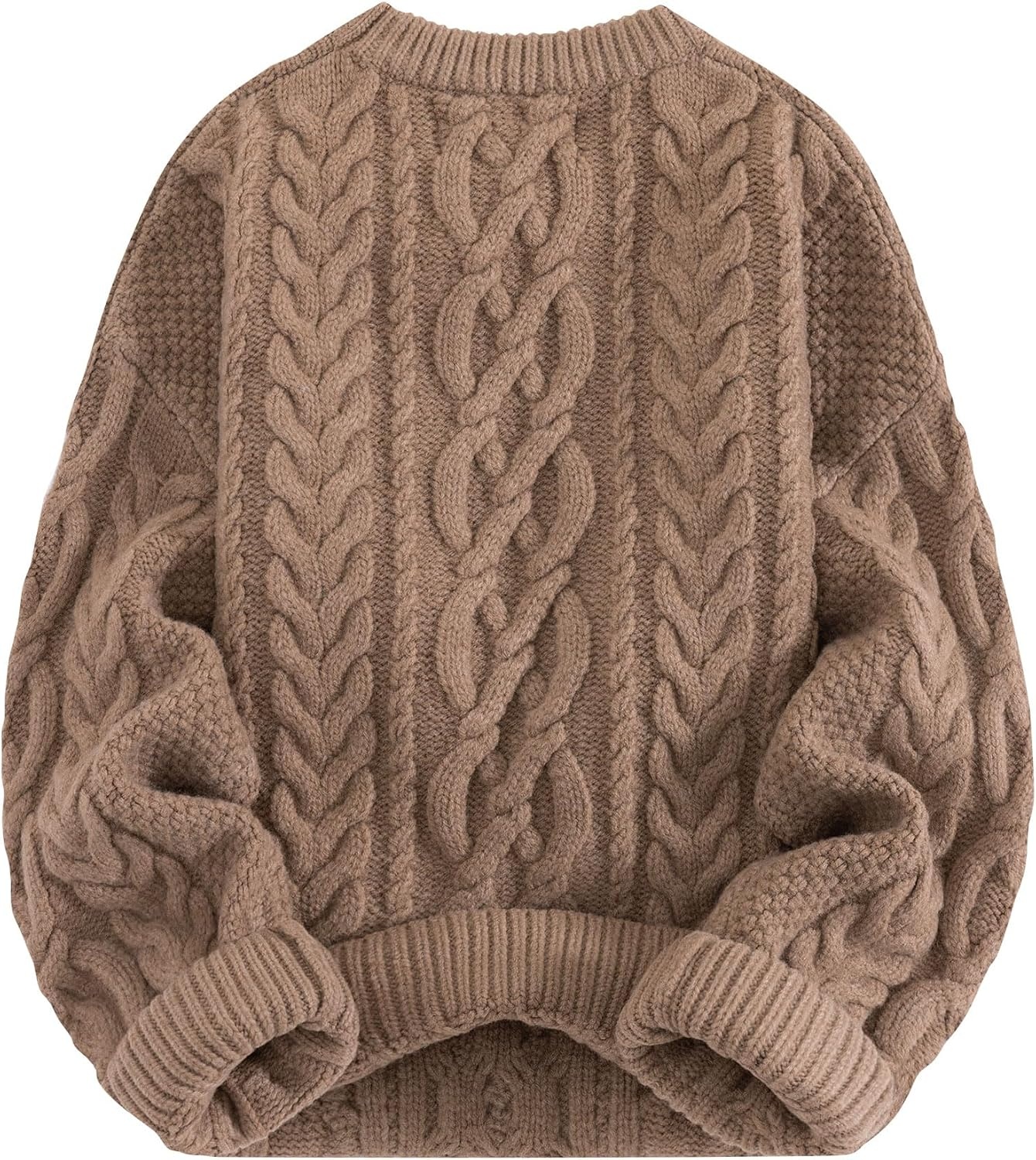 image:imageAelfric Eden Sweaters for Women Oversized Chunky Cable Knit Crew Neck Solid Pullover Sweater Trendy Vintage Fall TopsBrown
