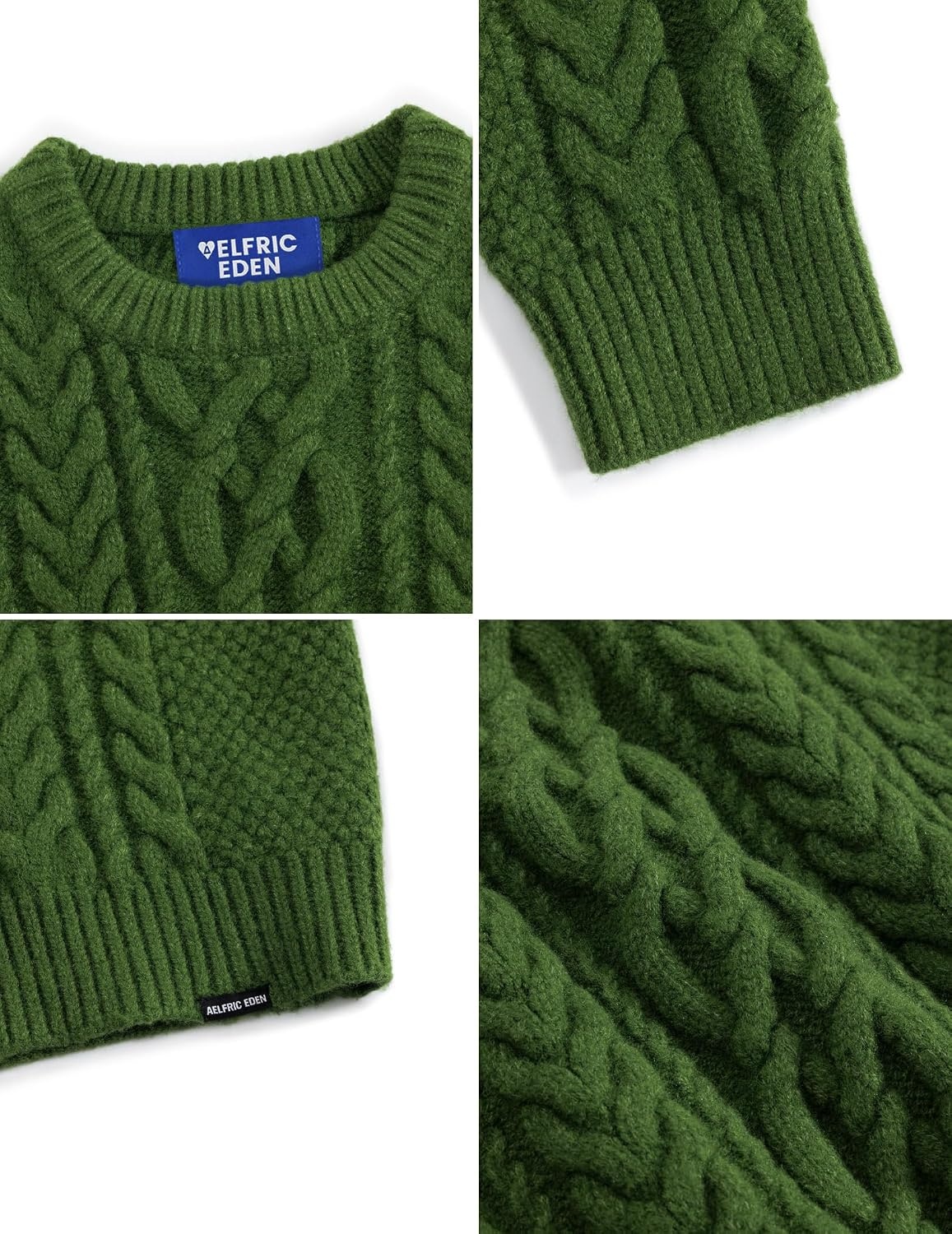 image:imageAelfric Eden Sweaters for Women Oversized Chunky Cable Knit Crew Neck Solid Pullover Sweater Trendy Vintage Fall TopsGreen