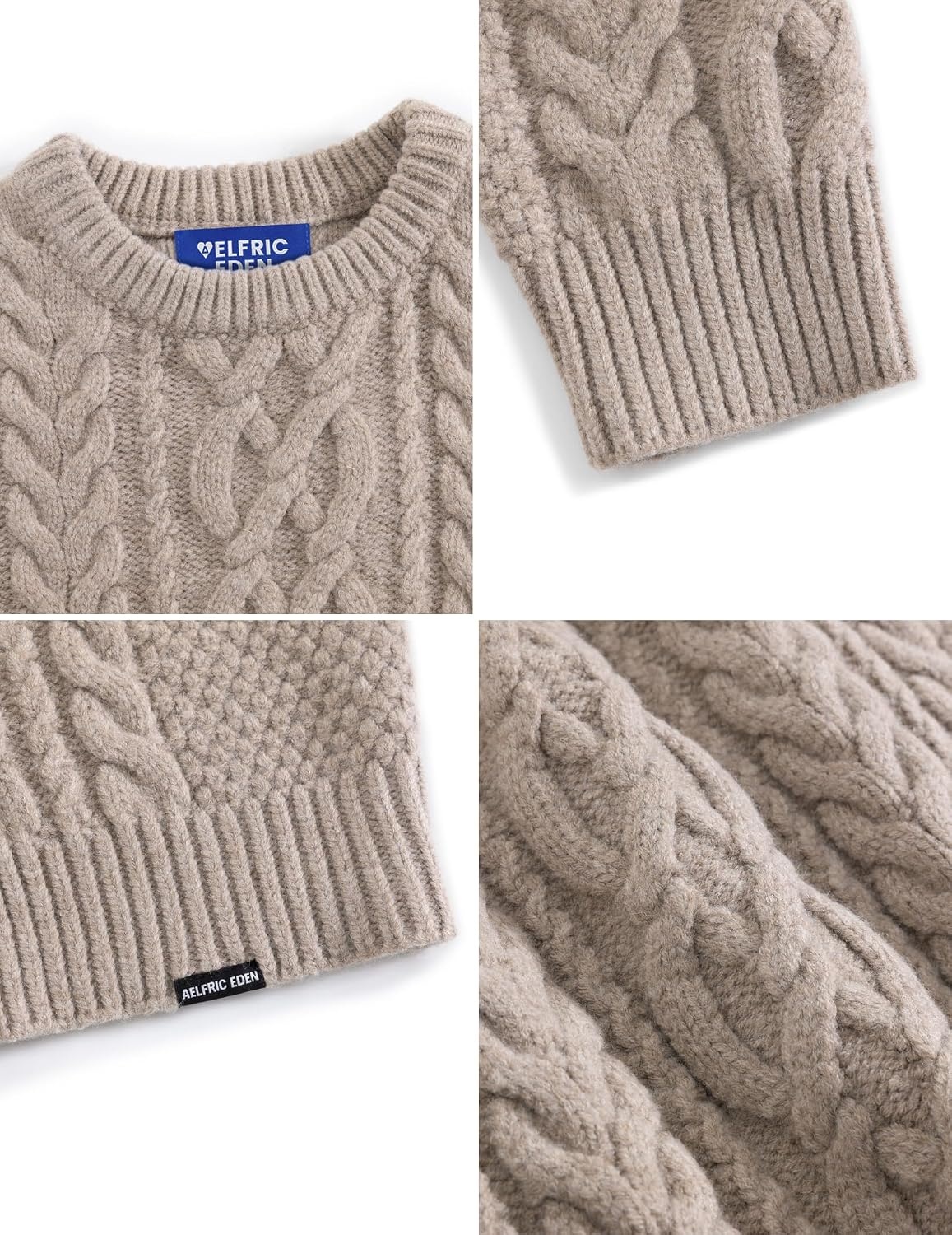 image:imageAelfric Eden Sweaters for Women Oversized Chunky Cable Knit Crew Neck Solid Pullover Sweater Trendy Vintage Fall TopsLight Khaki