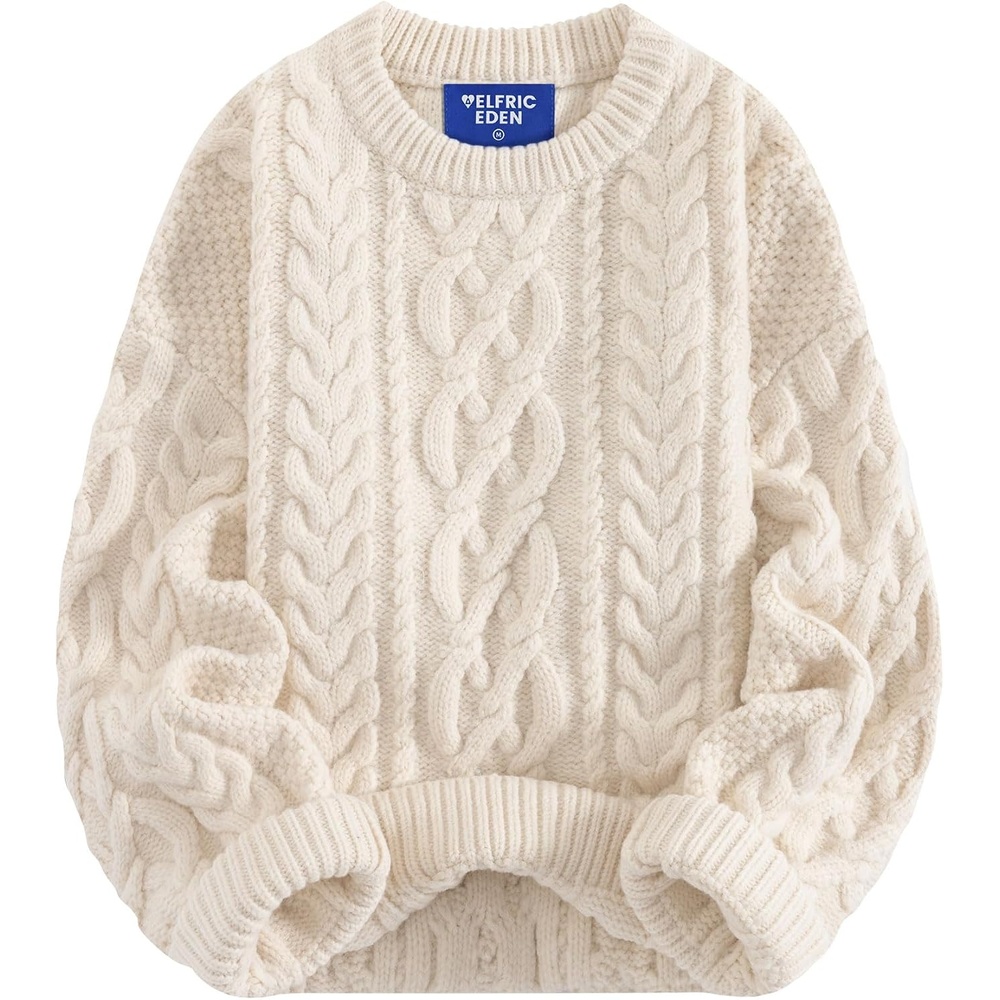 image:imageAelfric Eden Sweaters for Women Oversized Chunky Cable Knit Crew Neck Solid Pullover Sweater Trendy Vintage Fall TopsBeige