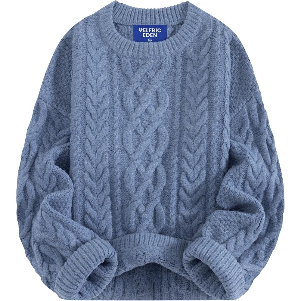 image:imageAelfric Eden Sweaters for Women Oversized Chunky Cable Knit Crew Neck Solid Pullover Sweater Trendy Vintage Fall TopsBlue