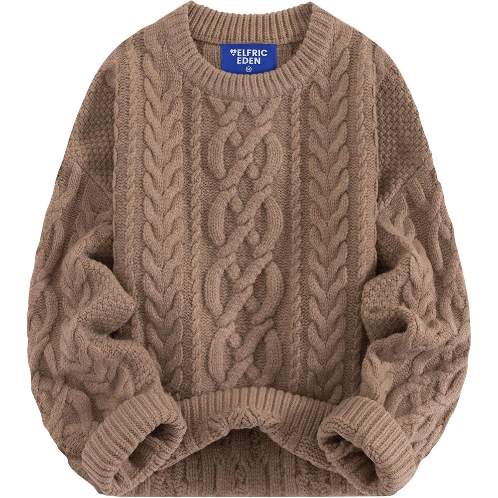 image:imageAelfric Eden Sweaters for Women Oversized Chunky Cable Knit Crew Neck Solid Pullover Sweater Trendy Vintage Fall TopsBrown