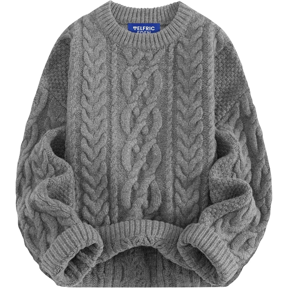 image:imageAelfric Eden Sweaters for Women Oversized Chunky Cable Knit Crew Neck Solid Pullover Sweater Trendy Vintage Fall TopsGrey