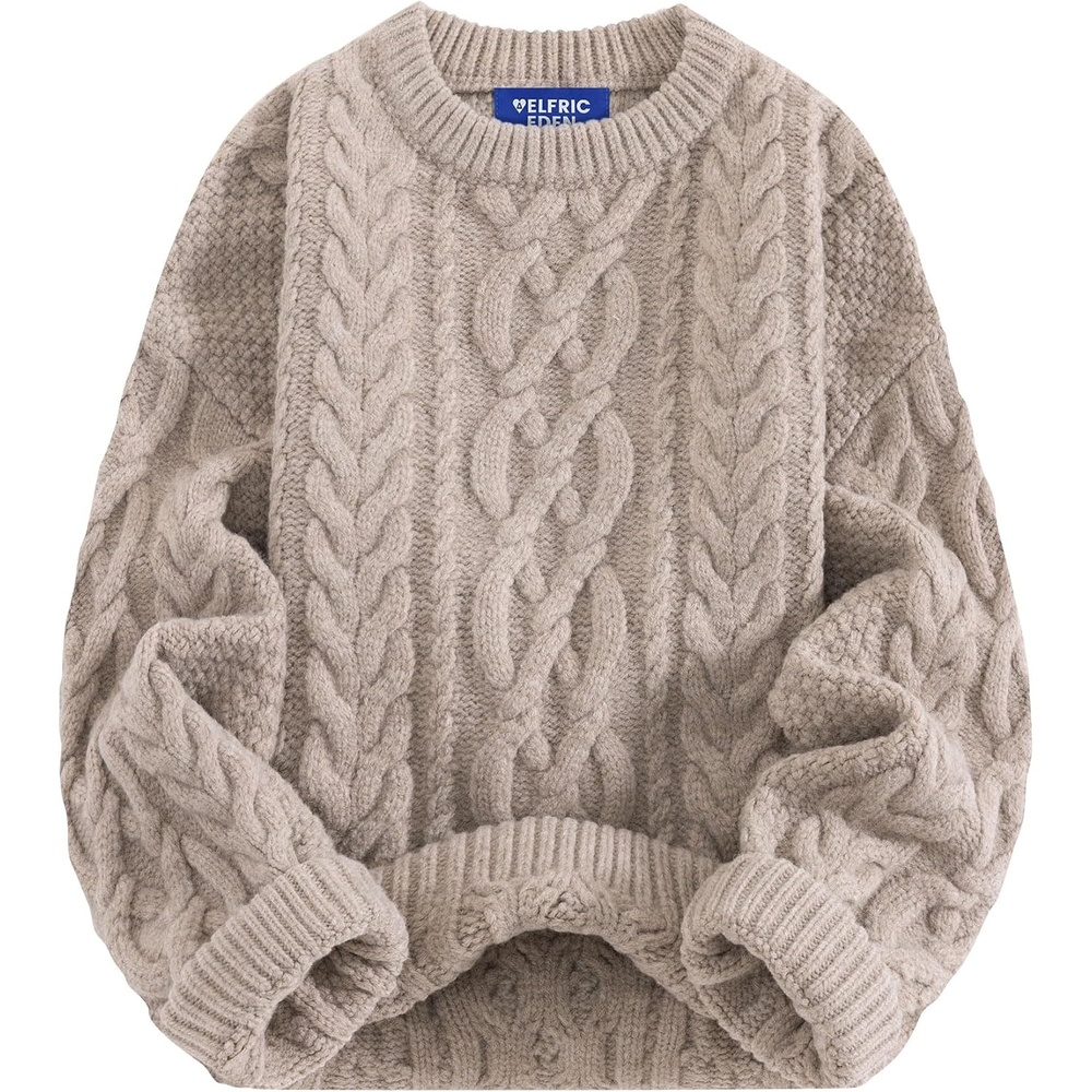 image:imageAelfric Eden Sweaters for Women Oversized Chunky Cable Knit Crew Neck Solid Pullover Sweater Trendy Vintage Fall TopsLight Khaki