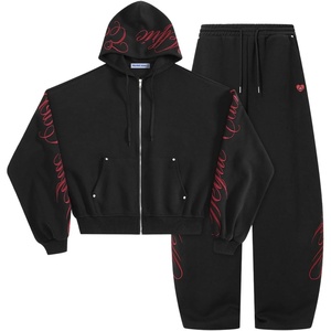 image:imageAelfric Eden Boxy Embroidery Sweat Set for Women Men Oversized 2 Piece Lounge Matching Set Zip Up Hoodie Casual StreetwearBlack