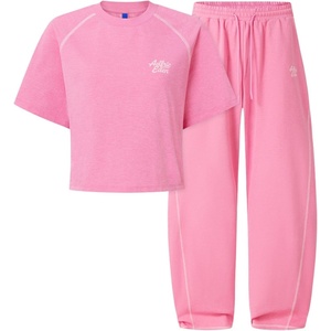 image:imageAelfric Eden Cloud Cropped Sweat Sets Summer 2 Piece Outfits Crop Top High Waisted Baggy Barrel Sweatpants SweatsuitPink
