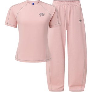 image:imageAelfric Eden Cloud Slim Sweat Set 2 Piece Sets for Women Summer Short Sleeve Tops Baggy Barrel Pants Tracksuit SetsPink