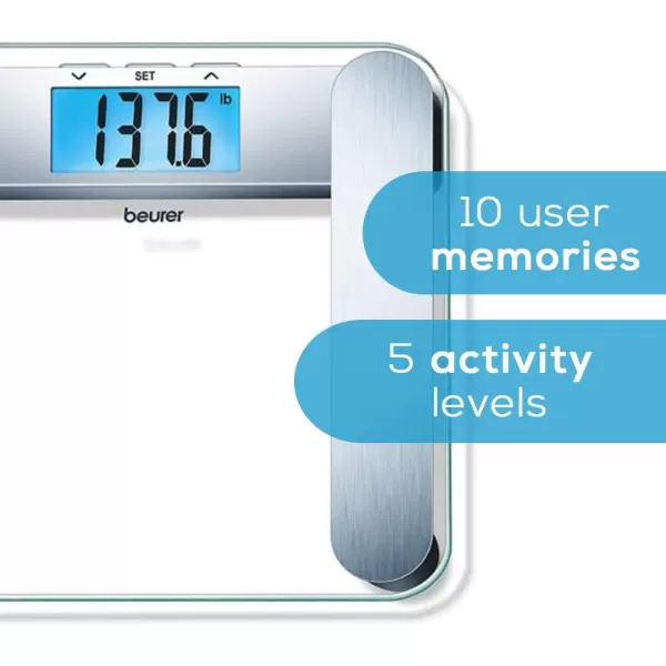 Beurer BF221 Body Fat Scale  XL Digital Weight Scale amp Body Fat Analyzer  Measures Body Weight Body Fat Body Water Bone Mass amp Muscle  Auto Recognition 10 Memory Spaces  for Weight ControlSilver BF221  Body Analysis