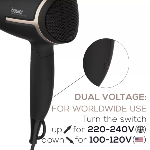 Beurer HC35 Compact Hair Dryer 1500Watt Blow Dryer Ionic Technology Reduces Frizz Lightweight and Portable Travel Hair Dryer with 4 Temperature and 3Speed Settings amp Cold Air Function BlackBlackRose Gold