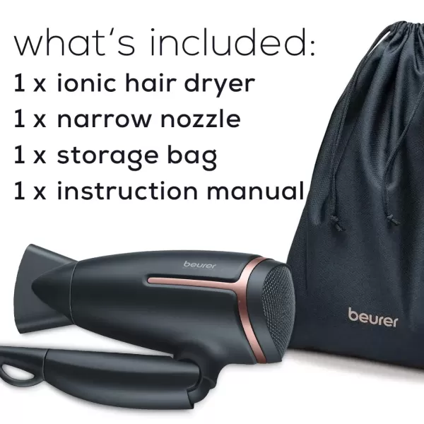 Beurer HC35 Compact Hair Dryer 1500Watt Blow Dryer Ionic Technology Reduces Frizz Lightweight and Portable Travel Hair Dryer with 4 Temperature and 3Speed Settings amp Cold Air Function BlackBlackRose Gold