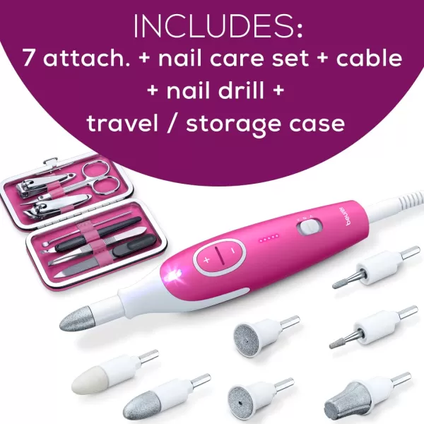 Beurer MP44 Professional Manicure and Pedicure Nail Drill set Efile with 7 attachments LED light Electric nail file with additional manual nail kit PinkMP44  Nail Care Set and LED