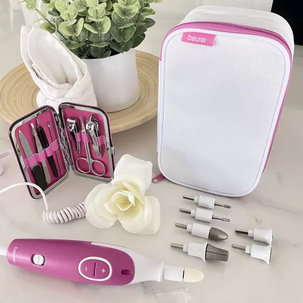 Beurer MP44 Professional Manicure and Pedicure Nail Drill set Efile with 7 attachments LED light Electric nail file with additional manual nail kit PinkMP44  Nail Care Set and LED