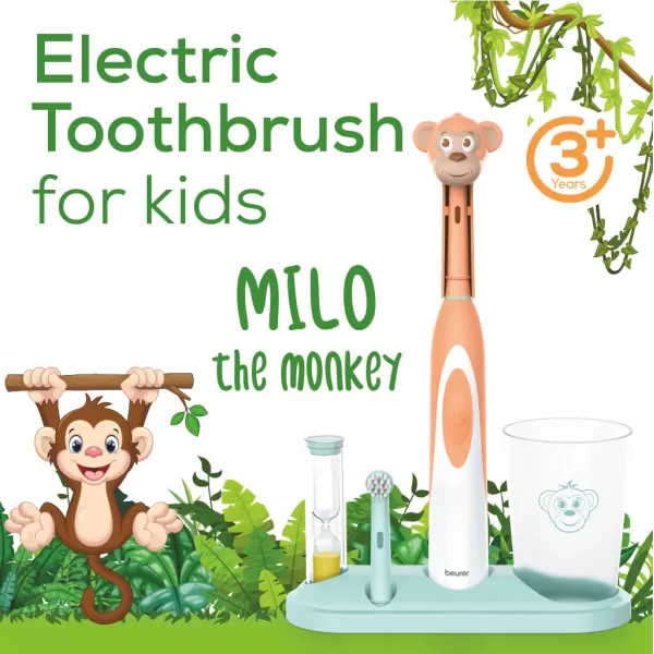 Beurer TB10 Kids Electric Toothbrush Kit  Fun Polly The Panda Cap with 2 ExtraSoft Brush Heads to Help Remove Plaque 2 Minute Timer and Rinse Cup BPAFree Safe for Ages 3Milo the Monkey