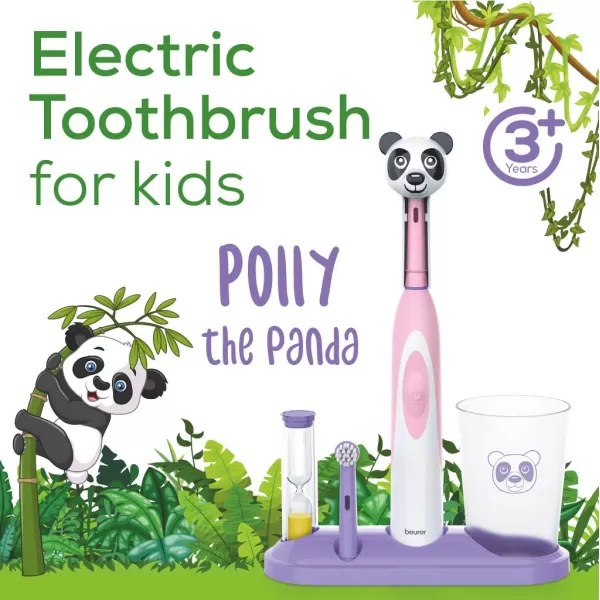 Beurer TB10 Kids Electric Toothbrush Kit  Fun Polly The Panda Cap with 2 ExtraSoft Brush Heads to Help Remove Plaque 2 Minute Timer and Rinse Cup BPAFree Safe for Ages 3Polly the Panda