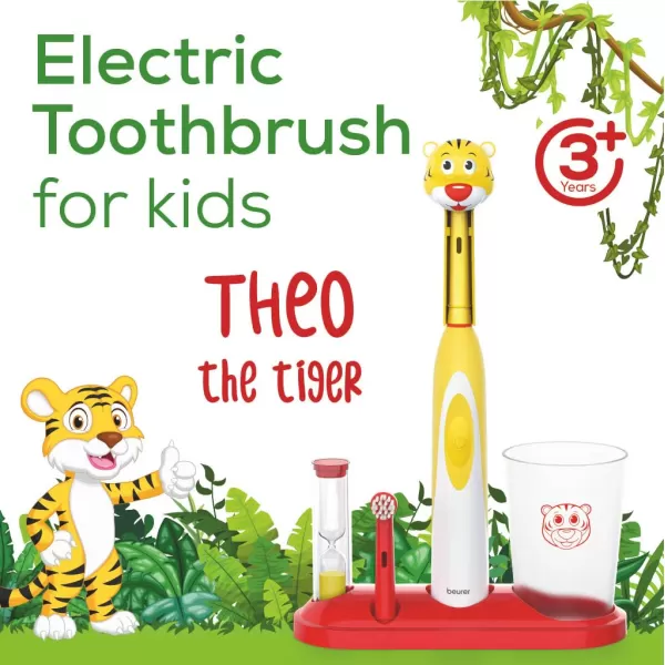 Beurer TB10 Kids Electric Toothbrush Kit  Fun Polly The Panda Cap with 2 ExtraSoft Brush Heads to Help Remove Plaque 2 Minute Timer and Rinse Cup BPAFree Safe for Ages 3Theo the Tiger