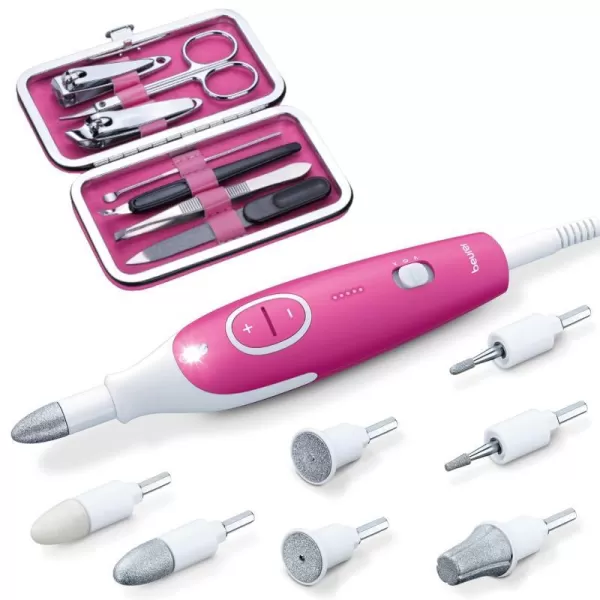 Beurer MP44 Professional Manicure and Pedicure Nail Drill set Efile with 7 attachments LED light Electric nail file with additional manual nail kit PinkMP44  Nail Care Set and LED