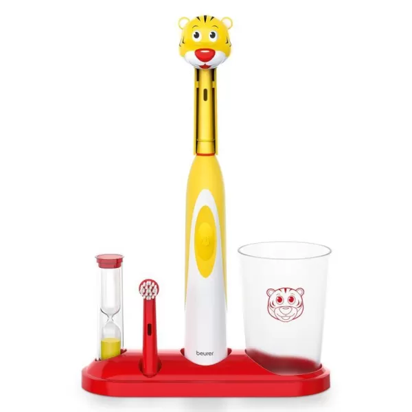 Beurer TB10 Kids Electric Toothbrush Kit  Fun Polly The Panda Cap with 2 ExtraSoft Brush Heads to Help Remove Plaque 2 Minute Timer and Rinse Cup BPAFree Safe for Ages 3Theo the Tiger