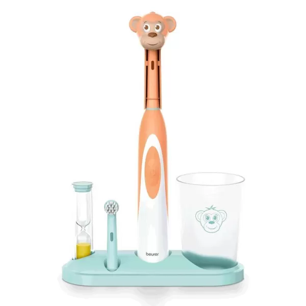 Beurer TB10 Kids Electric Toothbrush Kit  Fun Polly The Panda Cap with 2 ExtraSoft Brush Heads to Help Remove Plaque 2 Minute Timer and Rinse Cup BPAFree Safe for Ages 3Milo the Monkey