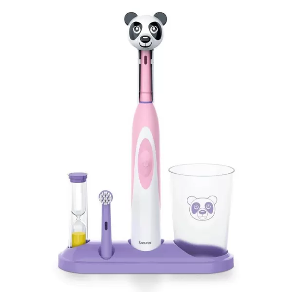 Beurer TB10 Kids Electric Toothbrush Kit  Fun Polly The Panda Cap with 2 ExtraSoft Brush Heads to Help Remove Plaque 2 Minute Timer and Rinse Cup BPAFree Safe for Ages 3Polly the Panda