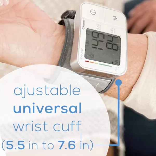 Beurer BC81 Wrist Blood Pressure Monitor  XL Display Arrhythmia Detection 120 Memory Sets  XL Blood Pressure Cuff Wrist for Home Use Automatic Blood Pressure Machine with Storage Case BatteriesWhite BC57  Bluetooth