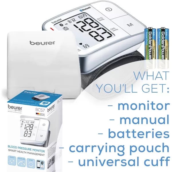 Beurer BC81 Wrist Blood Pressure Monitor  XL Display Arrhythmia Detection 120 Memory Sets  XL Blood Pressure Cuff Wrist for Home Use Automatic Blood Pressure Machine with Storage Case BatteriesWhite BC57  Bluetooth