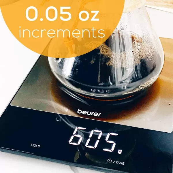 Beurer KS34 Digital Kitchen Scale  Precise Scale for Food Ounces and Grams 33lbs Capacity XL Weighing Platform for Meal Prep Magic Display Tare Function  Batteries Included  White GlassKitchen Scale  XL Black