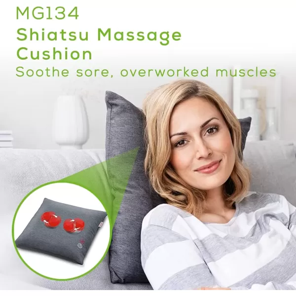 Beurer Shiatsu Back and Neck Massager  Kneading Deep Tissue Massage Pillow with Heat  Shiatsu Massager for Neck Shoulders Lower Back Legs  Portable Massage Cushion with Optional Heat MG134Shiatsu Cushion Massager