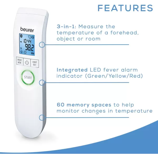 Beurer Bluetooth NonContact Thermometer Forehead Object Room Temperature High Accuracy XL Blue Illuminated Display 60 Memory Spaces White1 Count Pack of 1FT95