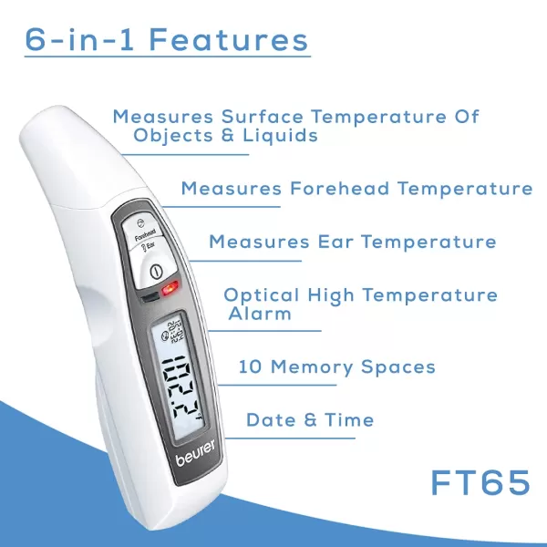 Beurer FT65 Multifunction Infrared Thermometer 3in1 Infrared Thermometer for Adults and Kids Adult Forehead Mode Child Forehead Mode Ear Mode and Surface Mode Color Changing Fever Indicator1 Count Pack of 2