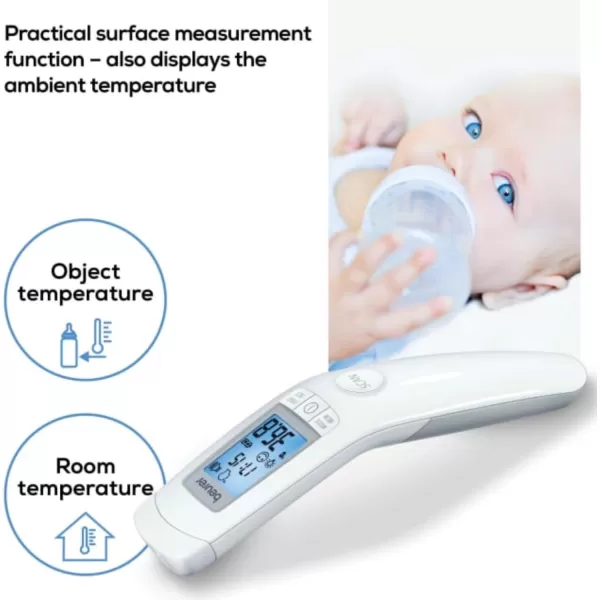 imageBeurer 3in1 Forehead NonContact Body Surface Room Temperature High Accuracy Large Blue Backlit LCD Display Thermometer 60 Memory Spaces FT90 White 32 Count Pack of 1