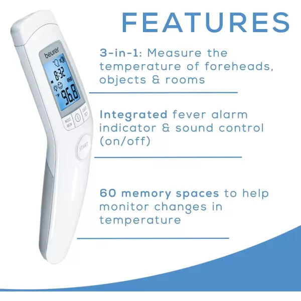 imageBeurer 3in1 Forehead NonContact Body Surface Room Temperature High Accuracy Large Blue Backlit LCD Display Thermometer 60 Memory Spaces FT90 White 32 Count Pack of 1