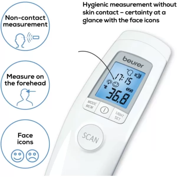 imageBeurer 3in1 Forehead NonContact Body Surface Room Temperature High Accuracy Large Blue Backlit LCD Display Thermometer 60 Memory Spaces FT90 White 32 Count Pack of 1