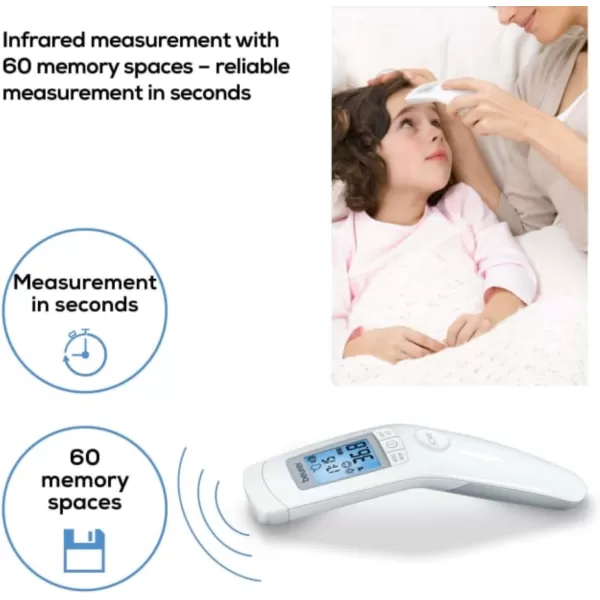 imageBeurer 3in1 Forehead NonContact Body Surface Room Temperature High Accuracy Large Blue Backlit LCD Display Thermometer 60 Memory Spaces FT90 White 32 Count Pack of 1