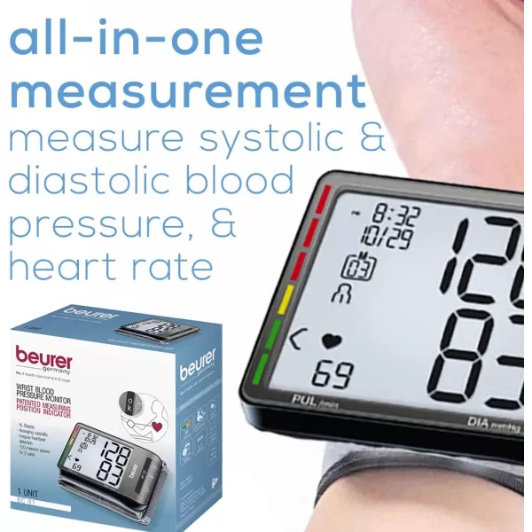 imageBeurer BC81 Wrist Blood Pressure Monitor  XL Display Arrhythmia Detection 120 Memory Sets  XL Blood Pressure Cuff Wrist for Home Use Automatic Blood Pressure Machine with Storage Case Batteries