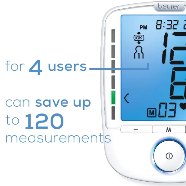 imageBeurer BM47 Upper Arm Blood Pressure Machine  XL Backlit Display 4 Users 120 Memory Spaces Adjustable BP Cuff Automatic ampamp Digital Blood Pressure Monitor Irregular Heartbeat Detector