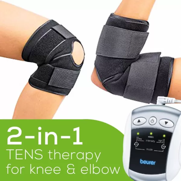 imageBeurer EM34 TENS Unit Muscle Stimulator 2in1 Knee ampamp Elbow TENS Machine EStim Device for Knee Pain Relief with 25 Intensity Levels Electric Massager with Universal Brace