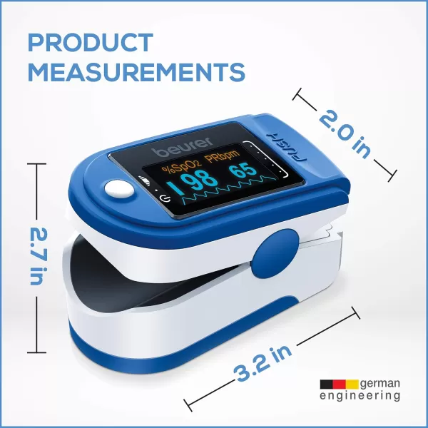 imageBeurer PO50 Fingertip Pulse Oximeter Blood Oxygen Saturation ampamp Heart Rate Monitor 4 Colored Graphic Display Formats ExtraSmall ampamp Light Strap ampamp Batteries Included