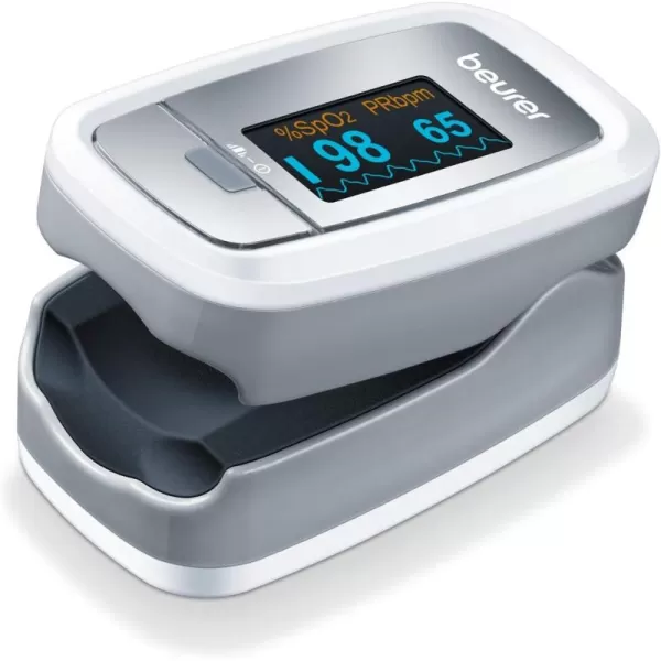 imageBeurer PO30 Fingertip Pulse Oximeter with 4 Color Display Formats Lanyard Protective Storage Bag and Batteries  Blood Oxygen Saturation Monitor with Heart Rate Oxygen Meter Finger Pulse Oximeter