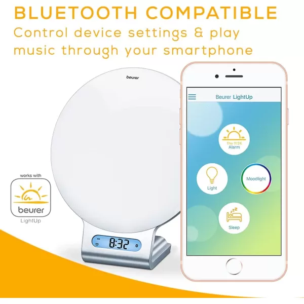 imageBeurer 4in1 Bluetooth WakeUp Light Daylight Sunrise Simulation ampamp Sunset Fading Alarm Clock Reading Lamp Mood Light Speaker Radio 256 Customized Color Variations for Sleep Lightup App WL75