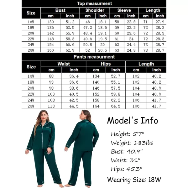 SWOMOG Plus Size Pajama Set for Women Silk Satin Pajamas Long Sleeve Sleepwear Button Down PJs Soft Pj Set with Chest PocketDark Green