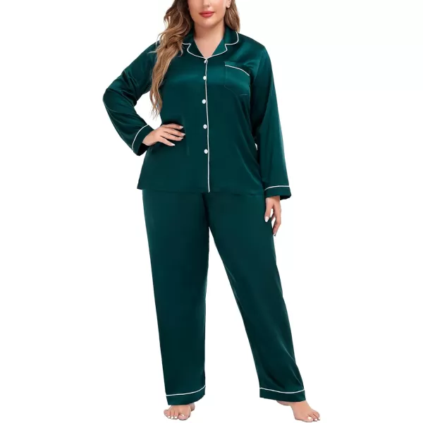 SWOMOG Plus Size Pajama Set for Women Silk Satin Pajamas Long Sleeve Sleepwear Button Down PJs Soft Pj Set with Chest PocketDark Green