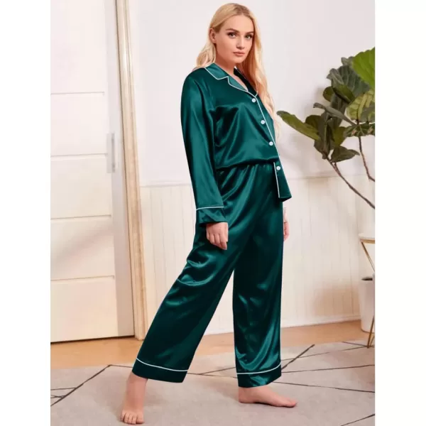 SWOMOG Plus Size Pajama Set for Women Silk Satin Pajamas Long Sleeve Sleepwear Button Down PJs Soft Pj Set with Chest PocketDark Green