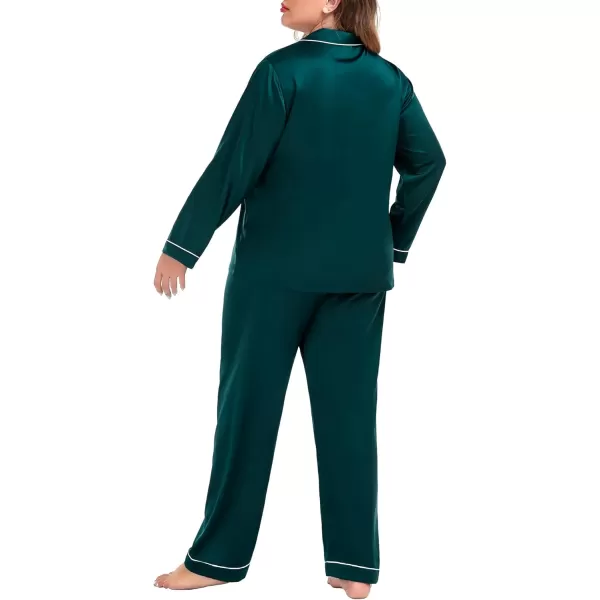 SWOMOG Plus Size Pajama Set for Women Silk Satin Pajamas Long Sleeve Sleepwear Button Down PJs Soft Pj Set with Chest PocketDark Green