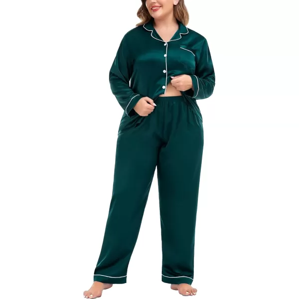 SWOMOG Plus Size Pajama Set for Women Silk Satin Pajamas Long Sleeve Sleepwear Button Down PJs Soft Pj Set with Chest PocketDark Green