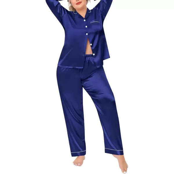 SWOMOG Plus Size Pajama Set for Women Silk Satin Pajamas Long Sleeve Sleepwear Button Down PJs Soft Pj Set with Chest PocketPippingberry Blue