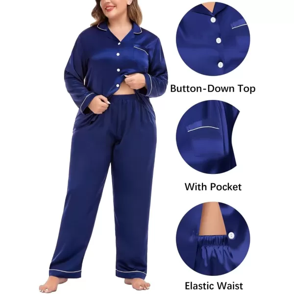 SWOMOG Plus Size Pajama Set for Women Silk Satin Pajamas Long Sleeve Sleepwear Button Down PJs Soft Pj Set with Chest PocketPippingberry Blue