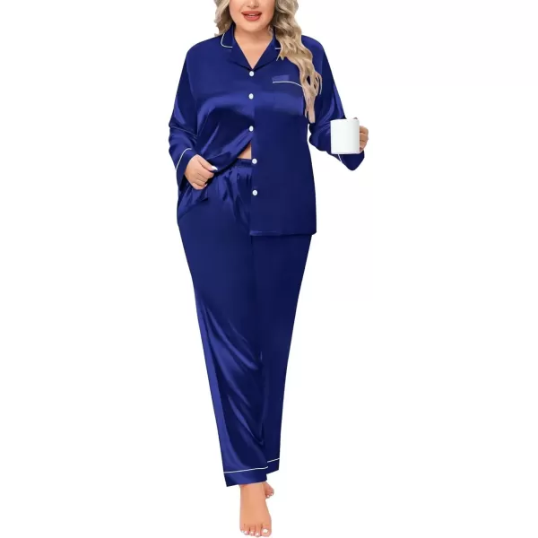 SWOMOG Plus Size Pajama Set for Women Silk Satin Pajamas Long Sleeve Sleepwear Button Down PJs Soft Pj Set with Chest PocketPippingberry Blue