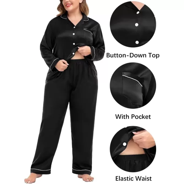 SWOMOG Plus Size Pajama Set for Women Silk Satin Pajamas Long Sleeve Sleepwear Button Down PJs Soft Pj Set with Chest PocketPippingcarbon Black